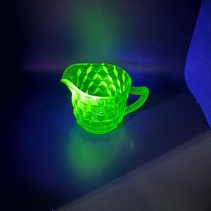 Vintage Green Glass Diamond Cut Creamer Pitcher Art Deco Manganese Glass